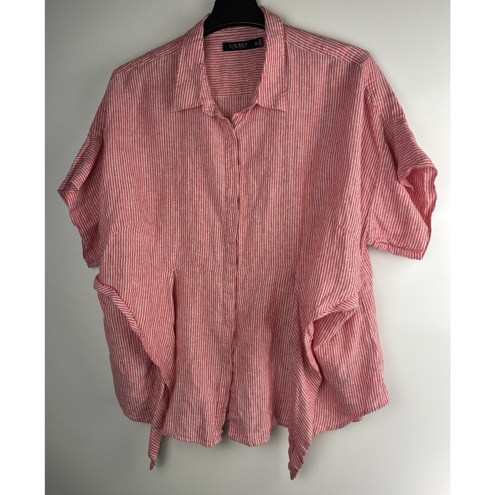 Lauren Ralph Lauren Striped Tie-Front Linen Shirt Red White Women's Plus Size 3X - Picture 3 of 10